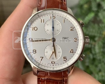 PORTUGUESE CHRONO IW371604 ZF 1:1 BEST EDITION WHITE DIAL ON BROWN LEATHER STRAP A69355 Replica