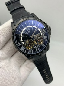 Roger Dubuis Excalibur Dual Tourbion Black Dial Rome Numbers On Black Leather Strap Replica
