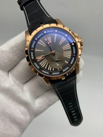 Roger Dubuis Excalibur Gold Dial Rome Numbers On Black Leather Strap Replica