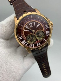 Roger Dubuis Excalibur Dual Tourbion Red Dial Rome Numbers On Black Leather Strap Replica