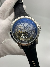 Roger Dubuis Excalibur Dual Tourbion White Dial Rome Numbers On Black Leather Strap Replica