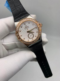 Omega Diamond Black Leather Strap Gold Replica