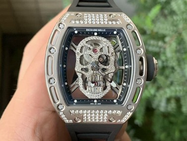 RM052 Polished SS Full Paved Diamonds Skull Dial on Black Rubber Strap MIYOTA8215 Replica