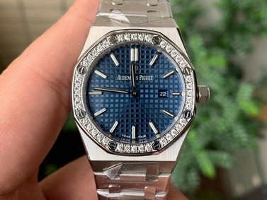 Lady Royal Oak 33mm YG JF 1:1 Best Edition Blue Dial Diamonds Bezel on SS Bracelet Swiss Quartz Replica