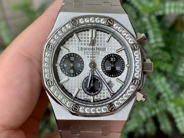 Lady Royal Oak 33mm YG JF 1:1 Best Edition Chrono Diamonds Bezel on SS Bracelet Swiss Quartz Replica