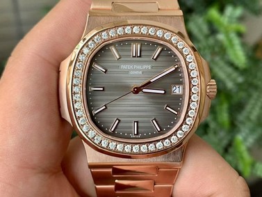 Nautilus Jumbo 5711R RG PF 1:1 Best Edition Brown Textured Dial Diamonds Bezel on RG Bracelet A324 Clone Mirror Replica