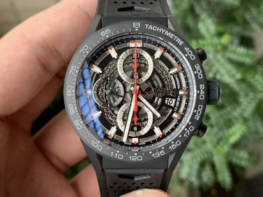 Calibre Heuer 01 Chrono 43mm Ceramic XF 1:1 Best Edition Skeleton Dial Red Hand on Black Rubber Strap A1887 Replica