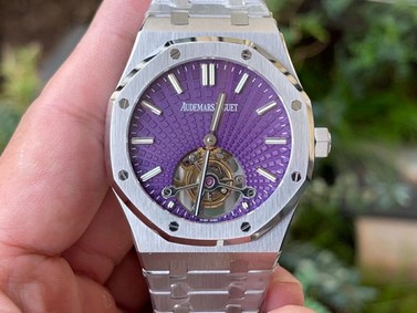 Royal Oak PVD Tourbillon R8F v2 Best Edition SS Sunburst Tapisserie Purple Dial on PVD Bracelet (Copy) Replica