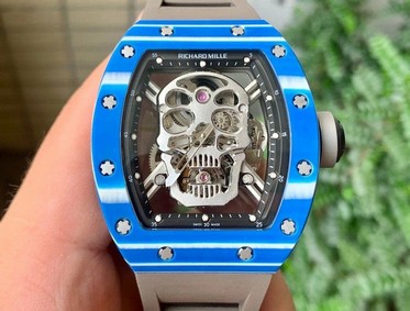 RM052-01 Tourbillon PVD Blue Bezel JBF Best Edition Skeleton Dial on Gray Rubber Strap Replica