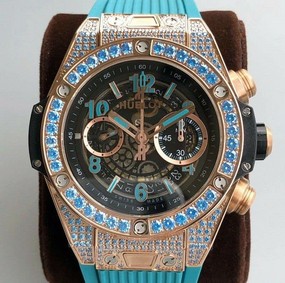 Big Bang Unico Diamond HBF 1:1 Best Edition Gold Skeleton Dial Rainbow Bezel on Blue Rubber Strap A1242 Replica