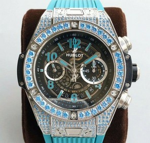 Big Bang Unico Diamond HBF 1:1 Best Edition SB Skeleton Dial Rainbow Bezel on Blue Rubber Strap A1242 Replica