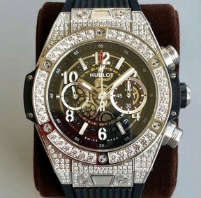 Big Bang Unico Diamond HBF 1:1 Best Edition White Skeleton Dial Rainbow Bezel on Black Rubber Strap A1242 Replica