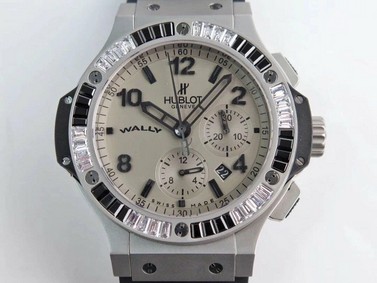 Big Bang 44mm SS Grey Dial Diamond Bezel on Black Leather Strap HUB4104 Replica Watch