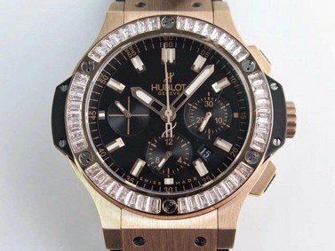 Big Bang 44mm SS Gold Dial Diamond Bezel on Black Leather Strap HUB4104 Replica