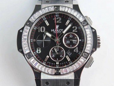 Big Bang 44mm SS Black Dial Diamond Bezel on Black Rubber Strap HUB4104 Replica