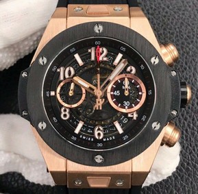 Big Bang Unico 45.5mm SS Gold Bezel Skeletonal Dial on Black Rubber Strap HUB1220 Replica