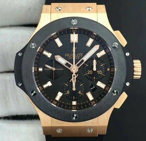Big Bang 44mm Full Gold Case Black Dial on Black Gummy Strap HUB4104 Replica