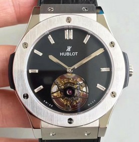 Classic Fusion Tourbillon 45mm SS Black Dial Crystal Markers on Black Gummy Strap Mirror Replica
