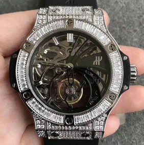Big Bang Diamond Gold Bezel Skeleton Tourbillon on Black Rubber Strap Replica