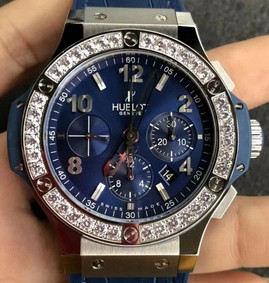 Big Bang 44mm SS Blue Dial Diamond Bezel on Blue Leather Strap HUB4104 Replica