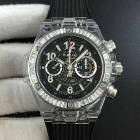 Big Bang Unico Diamond HBF 1:1 Best Edition Black Skeleton Dial Rainbow Bezel on Black Rubber Strap A1242 Replica