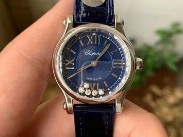 Happy Sport 36mm SS OXF 1:1 Best Edition Diamonds Bezel Blue Dial on Blue Leather Strap A2892 Replica