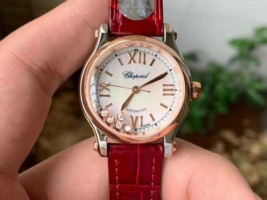 Happy Sport 36mm SS OXF 1:1 Best Edition Pink Dial Diamonds RG Bezel on Red Leather Strap A2892 - 1:1 Mirror Replica