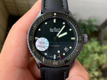 Fifty Fathoms Bathyscaphe Black Ceramic GF 1:1 Best Edition Black Dial on Black Sail-Canvas Strap A1315 Replica