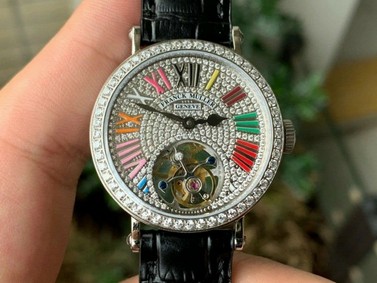 Color Dreams Tourbillon SS Diamond Roman Numerals Markers on Black Croco Leather Strap Replica