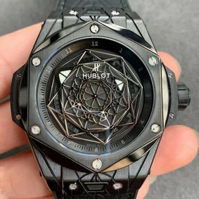 Big Bang Unico Sang Bleu Titanium Black HBF Skeleton Dial on Black Gummy Strap HUB1213 Replica Watch