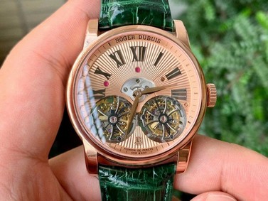 HOMMAGE DOUBLE FLYING TOURBILLON RG JBF GOLD DIAL ON GREEN CROCO LEATHER STRAP Replica