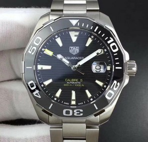 Aquaracer Calibre 5 SS 43mm KOR 1:1 Best Edition Black Ceramic Bezel Black Dial on SS Bracelet SW200 Mirror Replica