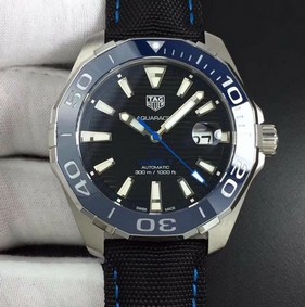 Aquaracer Calibre 5 SS 43mm OXF 1:1 Best Edition Ceramic Bezel Black Dial "Single Blue" on Nylon Strap SW200 Replica