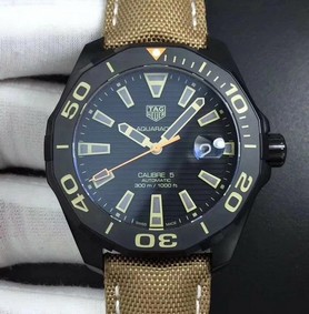 Aquaracer Calibre 5 PVD 43mm OXF 1:1 Best Edition Ceramic Bezel Black Dial on Brown Nylon Strap SW200 Replica