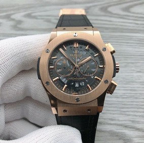 Hublot Chrono Gold Black Hight Version on Black Leather Strap Replica