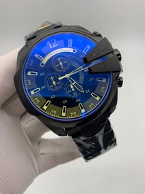 Diesel Full Black Yellow Numbers On Black Leather Strap Mega Shief Replica