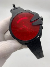 Diesel Full Black On Black Leather Strap Mega Shief Red Glass Replica