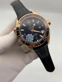 Omega Seamaster Black Dial Gold Case on Black Leather Strap Replica