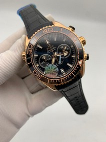 Omega Seamaster Chrono Black Dial Gold Case on Black Leather Strap Replica
