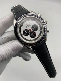 Omega Speedmaster Chrono Black White on Black Leather Strap Replica