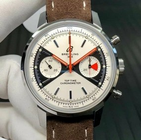 Top Time Chrono SS GF 1:1 Best Edition White Dial on Brown Leather Strap Replica