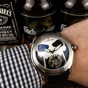Corum Babble Case Silver Skull on Black Leather Strap Replica