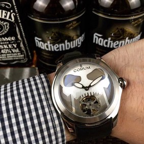 Coru Babble Case Silver Skull on Black Leather Strap Replica