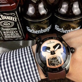 Coru Babble Case Black Skull on Brown Leather Strap Replica