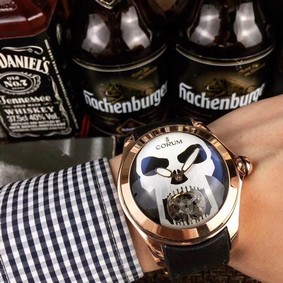 Coru Babble Case Gold Skull on Black Leather Strap Replica