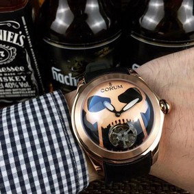 Coru Babble Case Gold Skull on Black Leather Strap Replica