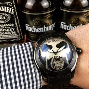 Coru Babble Case Black Skull on Black Leather Strap Replica
