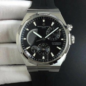 Overseas Dual Time Power Reserve TWA 1:1 Best Edition Black Dial on Black Leather Strap Replica