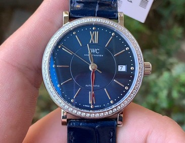 Portofino 37mm SS V7F 1:1 Best Edition Blue Dial Diamonds Bezel on Blue Leather Strap Replica