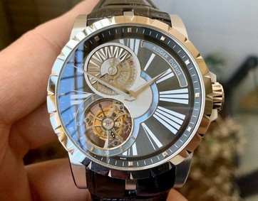 Roger Dubuis Hommage Flying Tourb RDDBHO0568 SS/LE Wht/Gre A Tourbillon Replica